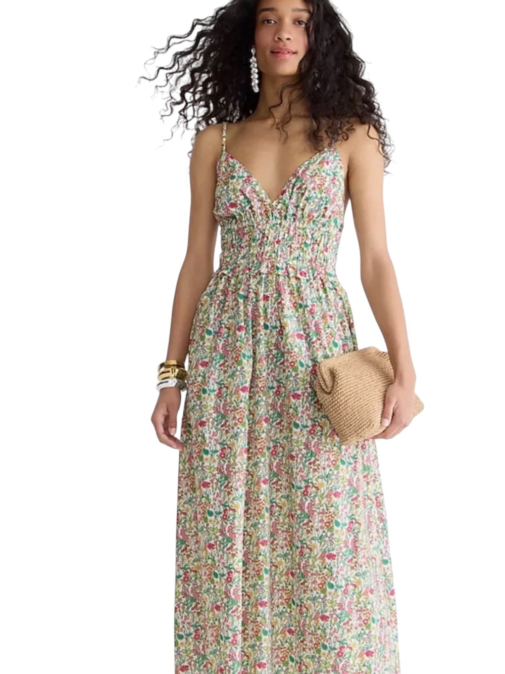 J crew liberty fabric v neck Smocked waist Maxi sunDress pinks/green/yellow 10